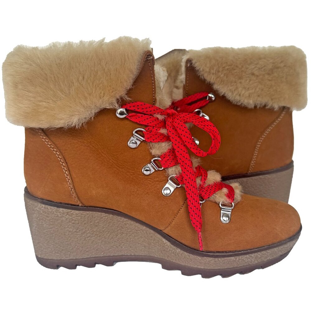J.Crew Nordic Wedge Nubuck Faux Fur Lined Boots in Glazed Pecan Red Laces Size 9
